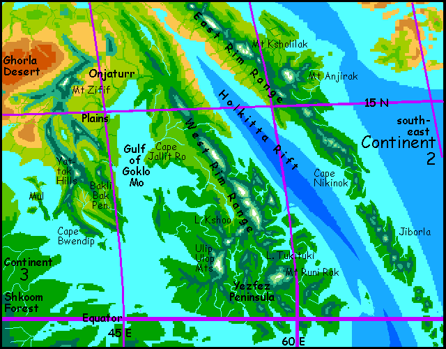 Map of southeast Continent 2 on Pegasia, an Earthlike moon.