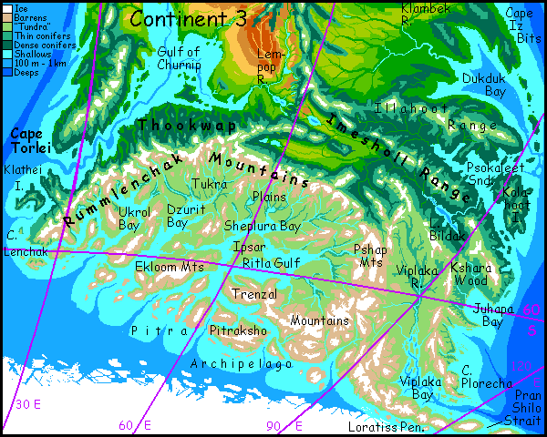 Map of far southern Continent 3 on Pegasia, an Earthlike moon.