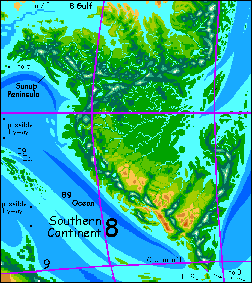 Map of southern Continent 8 on Pegasia, an Earthlike moon.