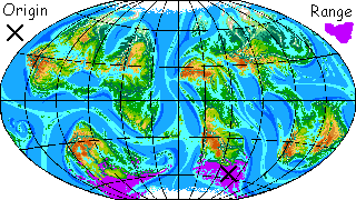 Small map showing habitat range of the Drimrol, a mostly antarctic burrowing people of Pegasia, a large moon with shallow seas.