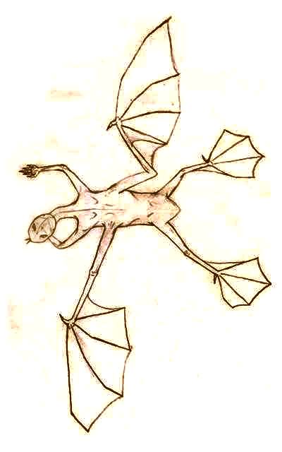a frolcon in flight: an intelligent froglike flier, hexapodal, with two forearms and four limbs with batlike membranes. Native of the southern rainforests on Continent 6 on Pegasia, a fertile moon orbiting a gas giant