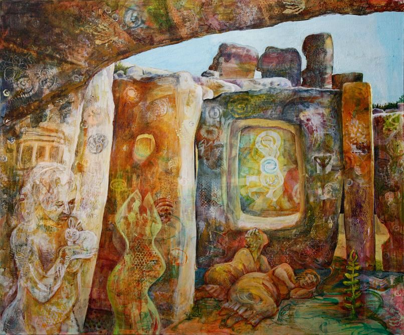 Acrylic painting, 'Circle of Life Renewing--Hagar Qim', by Jenny Badger Sultan. Under a stone arch, a woman holds a tiny rabbit. More women sleep amid rocks covered in pictographs. Click to enlarge.