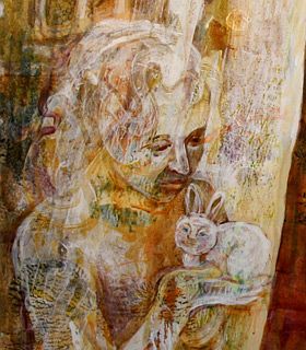 Detail of painting titled 'Circle of Life Renewing--Hagar Qim', by Jenny Badger Sultan: a woman holding a tiny rabbit-woman, my friend Peggy.