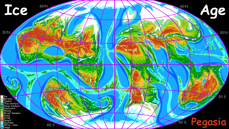 Map of Ice Age Pegasia, an Earthlike moon. Click a region to go to its modern equivalent.