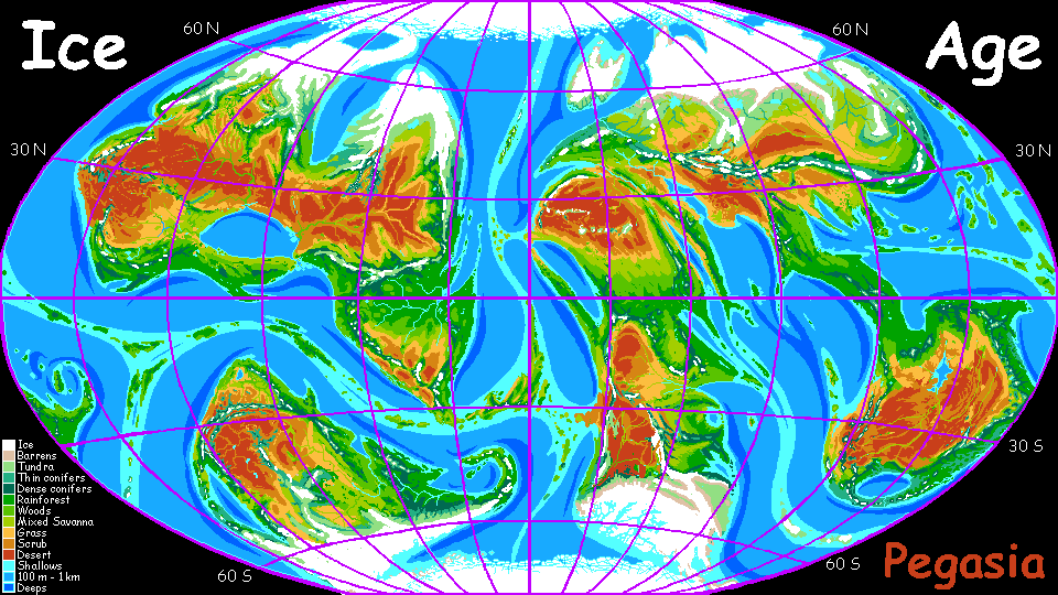 Map of Pegasia, an Earthlike moon, during an Ice Age. Extensive deserts. Click a feature to go there.