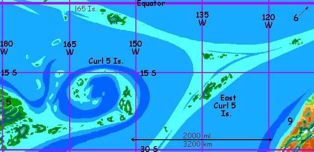 Map of the Curl 5 Islands and surrounding seas, east of Continent 5 on Pegasia, an Earthlike moon.