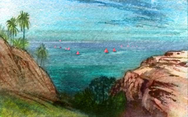Sketch by Wayan of red sails on a turquoise sea from a cliff with palms. Curl 5 Islands east of Continent 5 on Pegasia, an Earthlike moon. Based on a watercolor by Edward Lear.