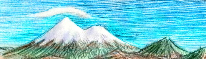 Sketch of a snowy peak with a lenticular cloud over the summit.