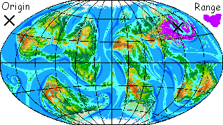 Small map of Pegasia, a large Earthlike moon with shallow seas; habitat range of the Nevros marked in purple.