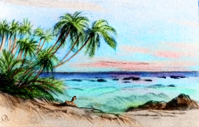 Sketch by Wayan of palms arching over a beach; small winged quadruped looks out at reefs. Equatorial zone of Pegasia, an Earthlike moon. Based on a watercolor by Edward Lear.
