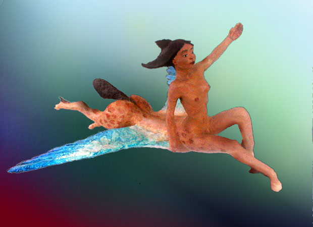 Winged centaur-woman, or pegtauress, with black hair and tail, tan skin, dappled palomino coat, blue wings