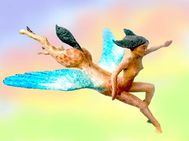 Winged centaur-woman, or pegtauress, with black hair and tail, tan skin, dappled palomino coat, blue wings