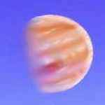 Zeus, a reddish, striped gas giant larger than Jupiter, as seen in the afternoon sky of Pegasia, its largest moon.