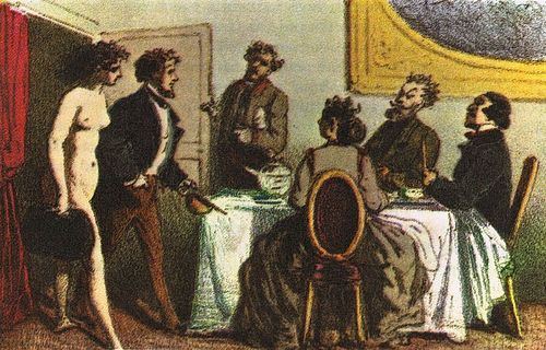 Illustration of a dream by Hervey de Saint-Denys; artist and nude model invade middle-class dinner.