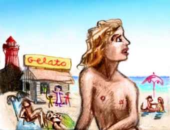 colored pencil sketch of a long-haired man at a crowded beach; lighthouse and gelato stand in background.