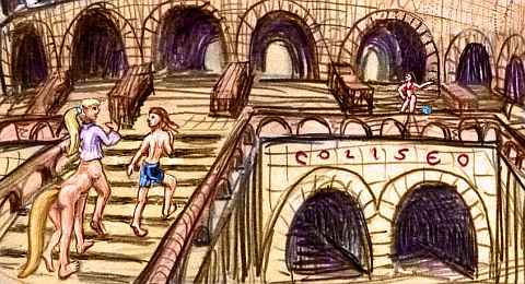 Centaur-girl in purple shirt and human boy in blue cutoffs climb the stone steps of the Coliseum, talking. Click to enlarge.
