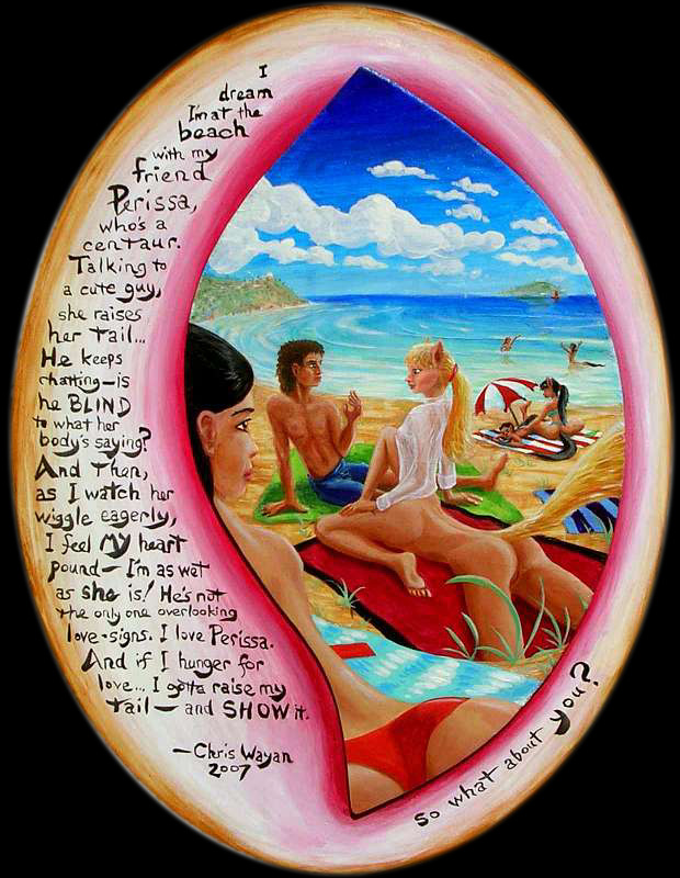 Painted beach scene. Asian girl lying on a towel gawks at a centaur-girl talking to a human-looking boy, raising her tail, obviously turned on. Click to enlarge.