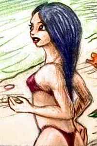 colored pencil sketch of an Asian girl in a dark red bikini: my friend Giriko.
