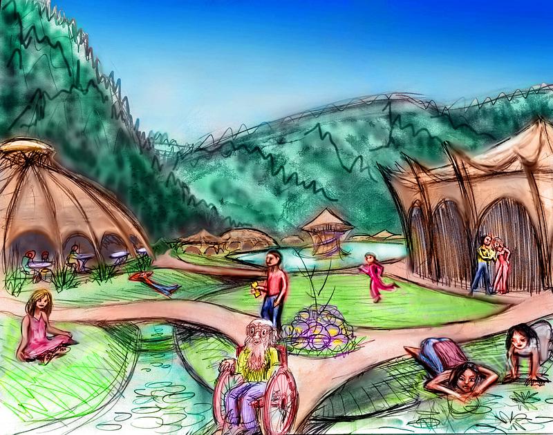 Sketch of a dream: Monet's built a cluster of radial wood pavilions, pools and paths. Redwood hills in background.