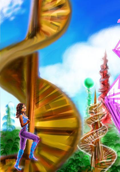Dream: I'm a futuristic librarian climbing a spiral tower in a surreal city.