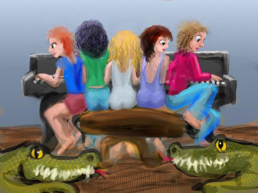 I play piano on a crowded bench above my parents' pet crocodiles. Dream sketch by Wayan. Click to enlarge.