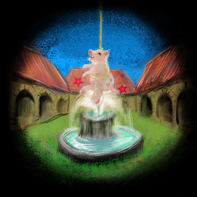 In a courtyard, a pig dangles like a yoyo over a fountain. Sketch of a dream by Wayan.