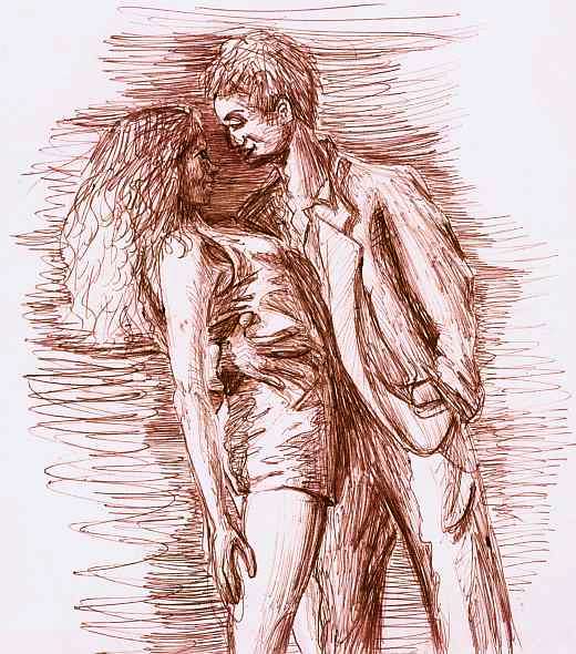 Sepia drawing of couple embracing. Boy on right looks polished, confident; girl on left, swept off her feet, a little worshipful.