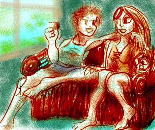 Two woman on a sofa with beers, talking. The one on the left leans in, intimately.
