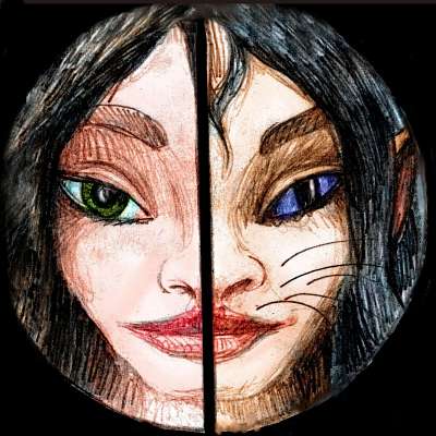 Round sketch by Chris Wayan of a face with the left half human but the right half feline.