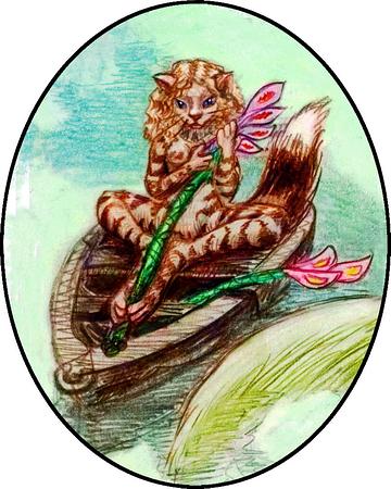 Catgirl in a small boat braiding the stems of magenta flowers; oval dream-sketch by Chris Wayan.