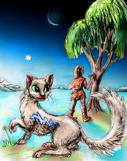 Dream: life comes to Pluto as the snow melts. A cave-girl carves a prayer in a tree while an ermine dancer watches. Click to enlarge.