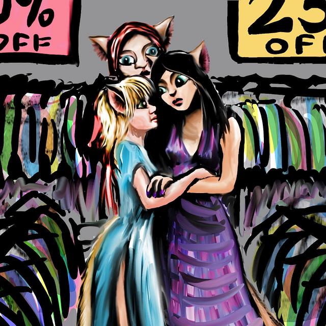 Three pointy-eared people embrace in a thrift store. Dream sketch by Wayan. Click to enlarge.