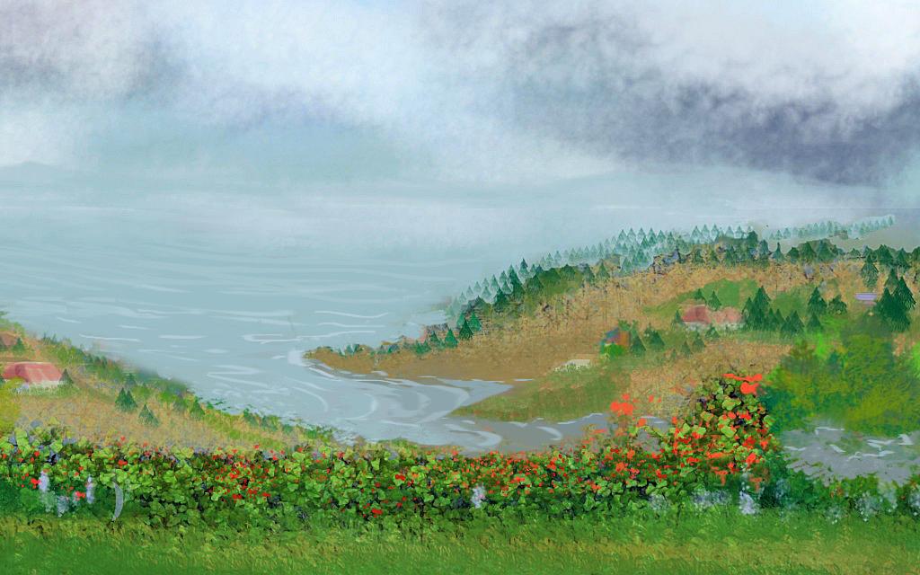 The canyon behind my childhood home flooded by the rising sea. Dream sketch by Wayan.