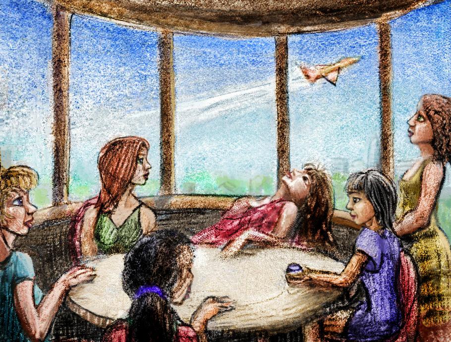 Pilot's girlfriends see him take off. Dream sketch by Wayan. Click to enlarge.