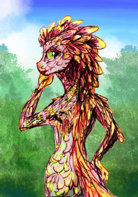 Feathered dinosaur girl. Dream sketch by Wayan. Click to enlarge.