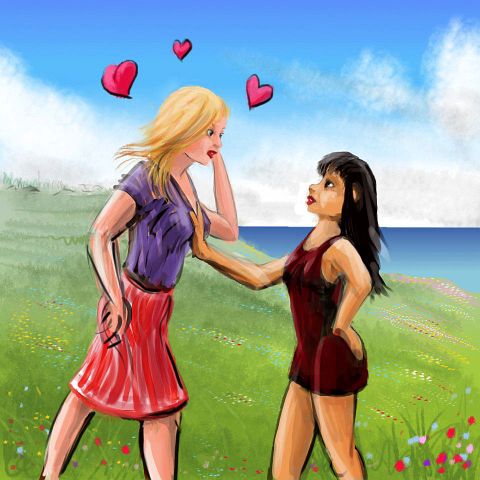 In a meadow, Asian teen halts a big blonde who seems attracted to her. Dream sketch by Wayan; click to enlarge.