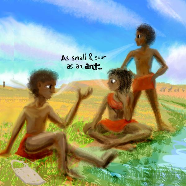Three people sitting by a savanna waterhole. Dream sketch by Wayan. Click to enlarge.