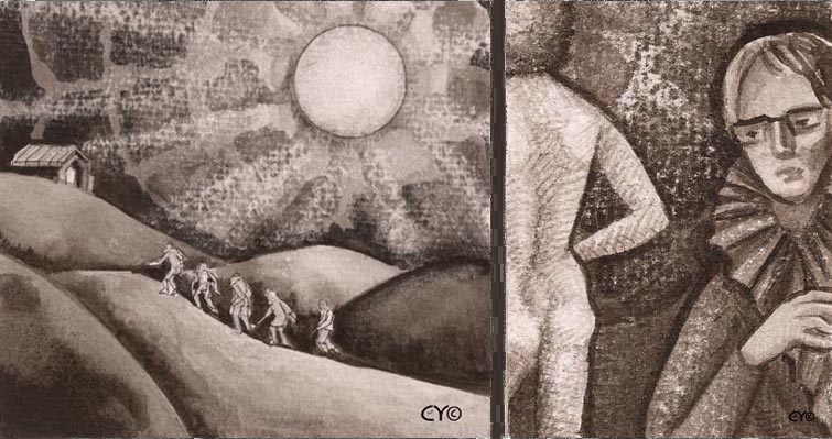 Sepiatone drawing or watercolor of hikers on bare hill in moonlight. One is nude; another, in a blouse with ruffled-lace collar, looks shocked, perhaps envious.