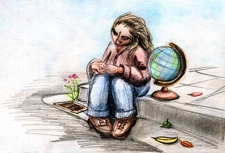 Sketch of a dream by Wayan: I sit glumly on a streetcorner curb, cleaning my nails. A globe sits by me.