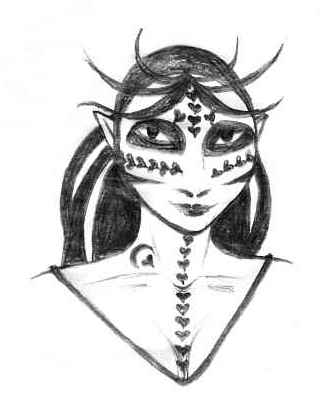 A zebra-striped female face with lines of small hearts drawn on cheeks, forehead and from chin to between breasts.