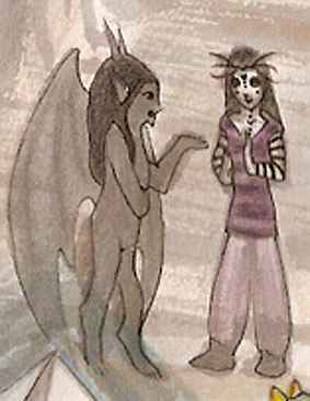 Two women talking; one is a winged sphinx, reared up and gesturing; the other, humanoid with striped skin.