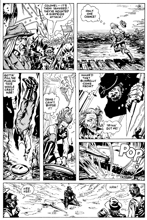 A rebel soldier dives into a lake to pull the plug on the Civil War; dream-comic by Rick Veitch. Click to enlarge.