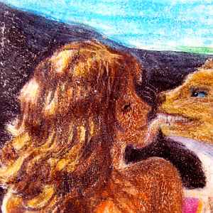 crayon drawing of a purring puma licking a blonde girl's face.