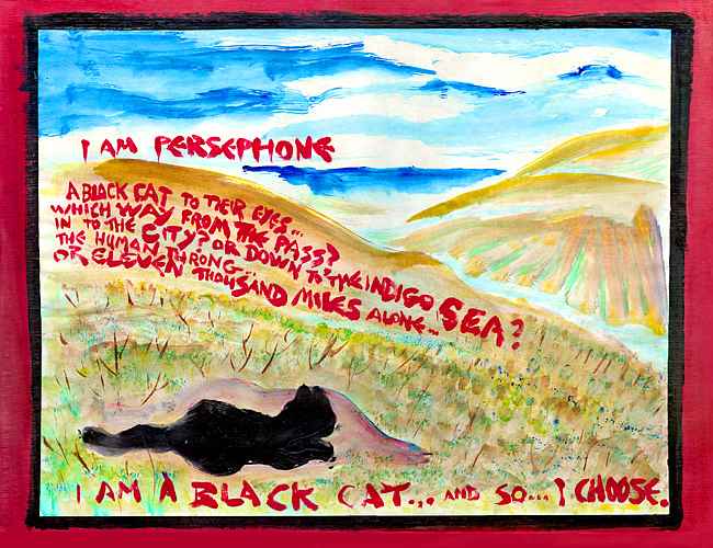 Black cat on a hill debates (in red words) whether to seek the city or the sea. Click to enlarge.