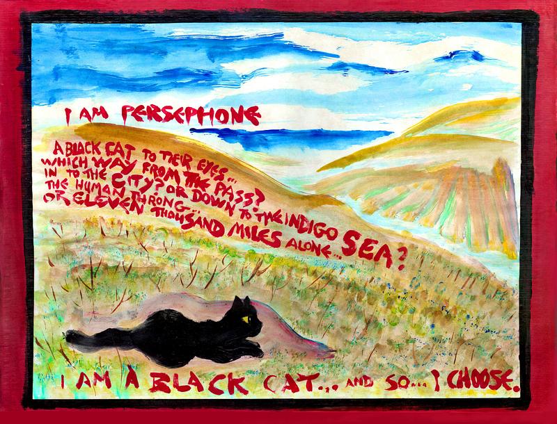 Black cat on a hill debates (in red words) whether to seek the city or the sea. Click to enlarge.