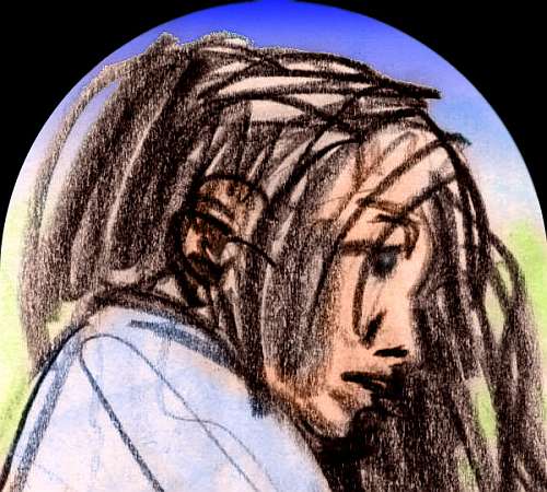 sketch of a dream by Wayan. Head of a sad-looking boy with long dark straggly hair.