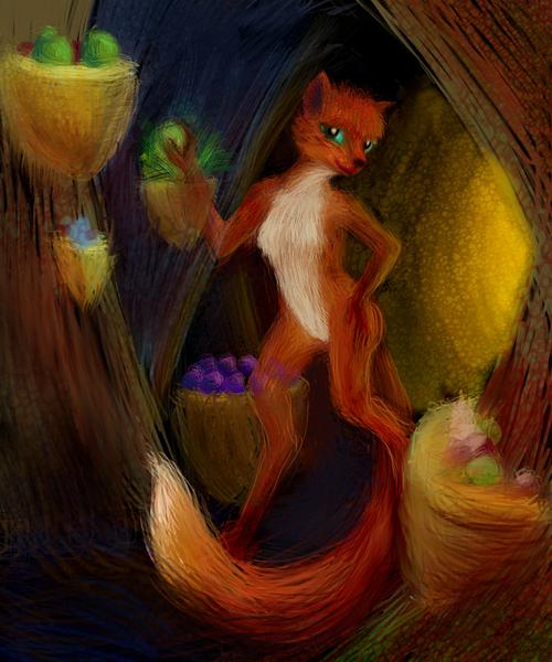 Raethe, a beautiful vixen, in her underground home. Dream sketch by Wayan. Click to enlarge.