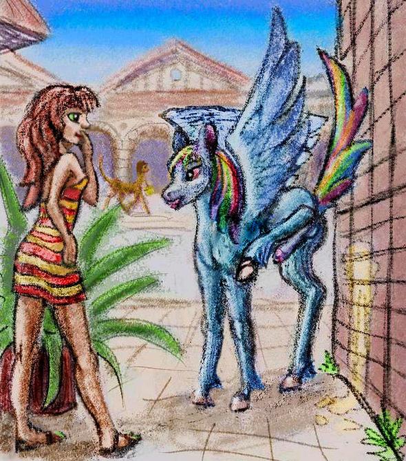 Human girl stares at Rainbow Dash, a male pegasus showing off his large cock. Dream sketch by Wayan. Click to enlarge.