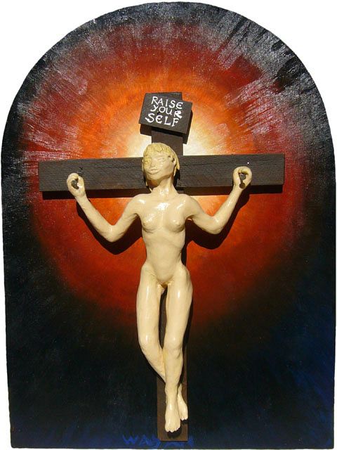 Icon of of a girl on a cross raising herself, on an arched Romanesque backing board, dark except for a halo. Sculpture by Wayan. Click to enlarge.