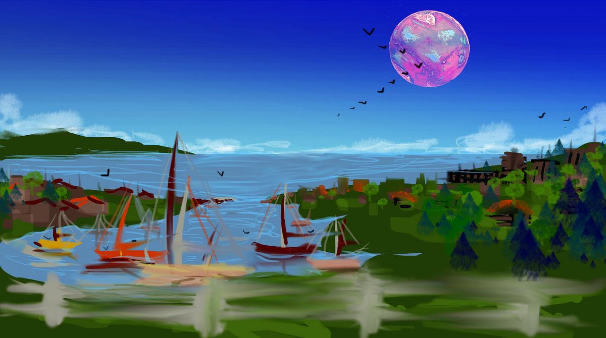 Tharn, a dry Marslike world, rises over a harbor in Santa Cruz. Dream sketch by Wayan.